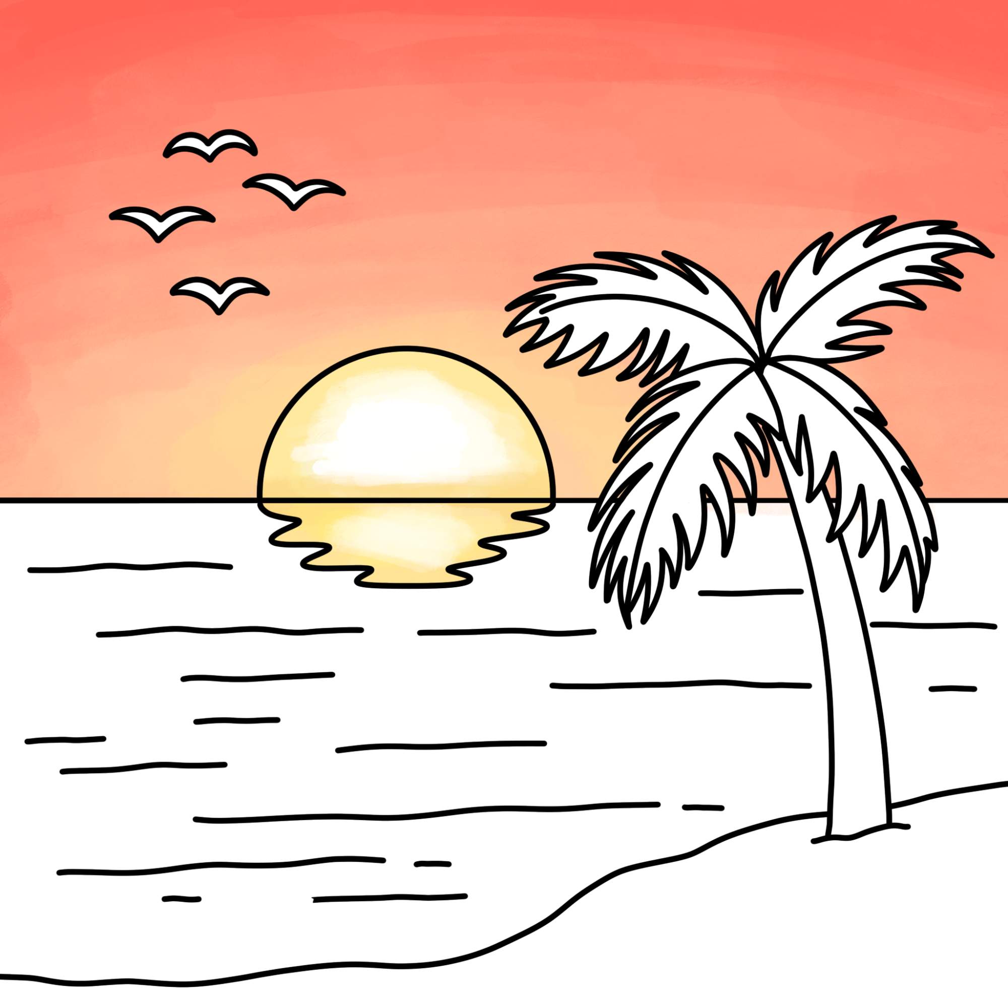 Beach Sunset Drawing (easy) - Step-13