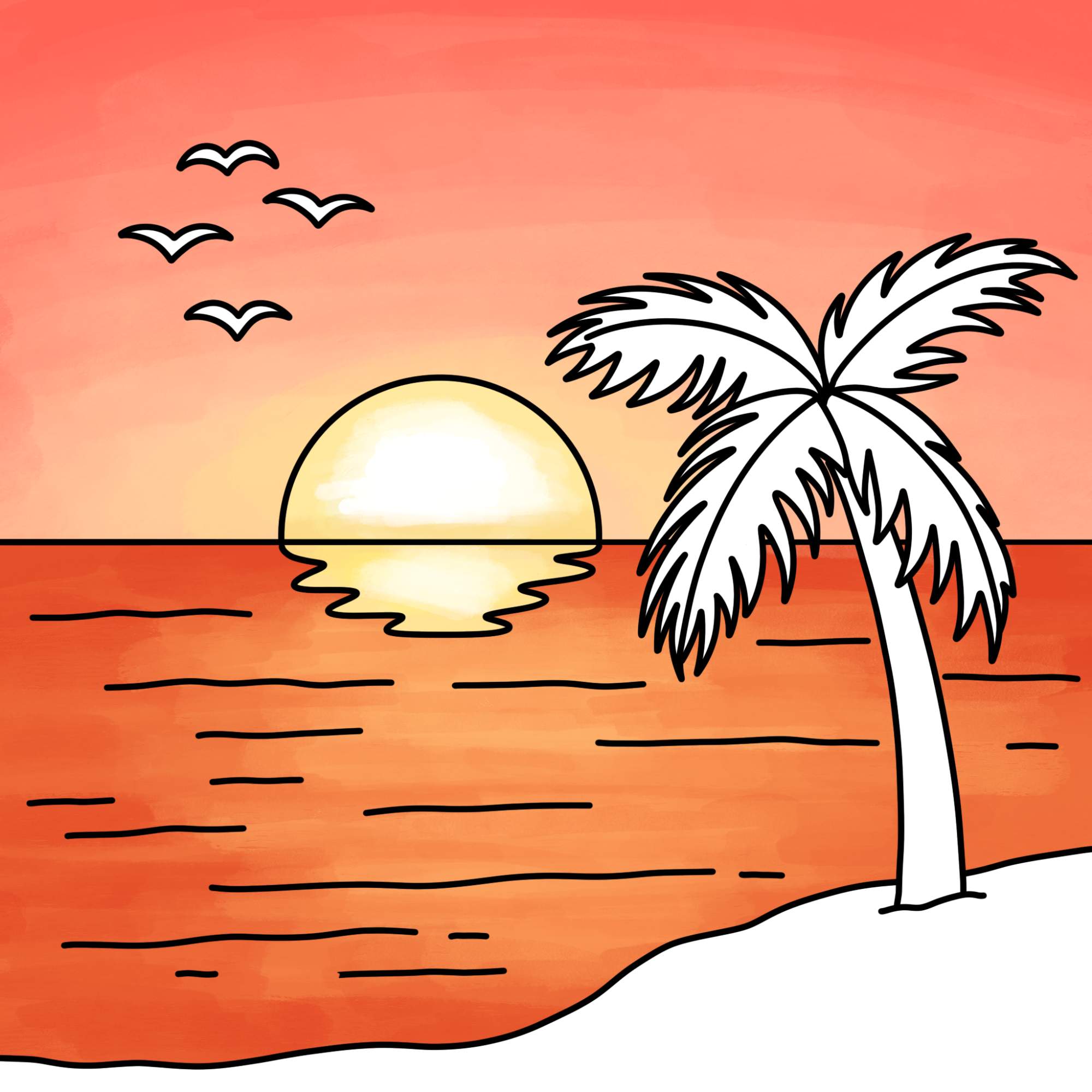 Beach Sunset Drawing (easy) - Step-14