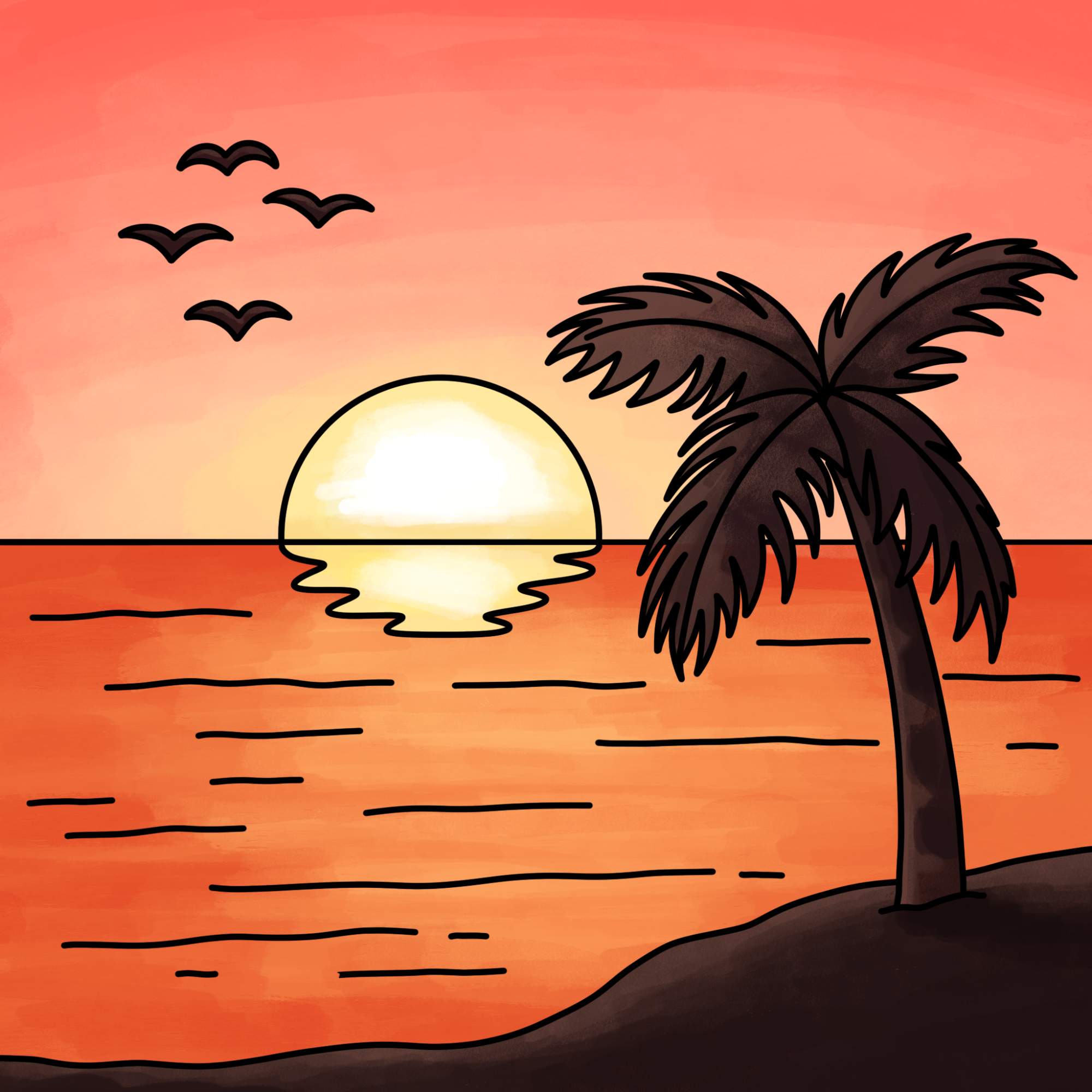 Beach Sunset Drawing (easy) - Step-15