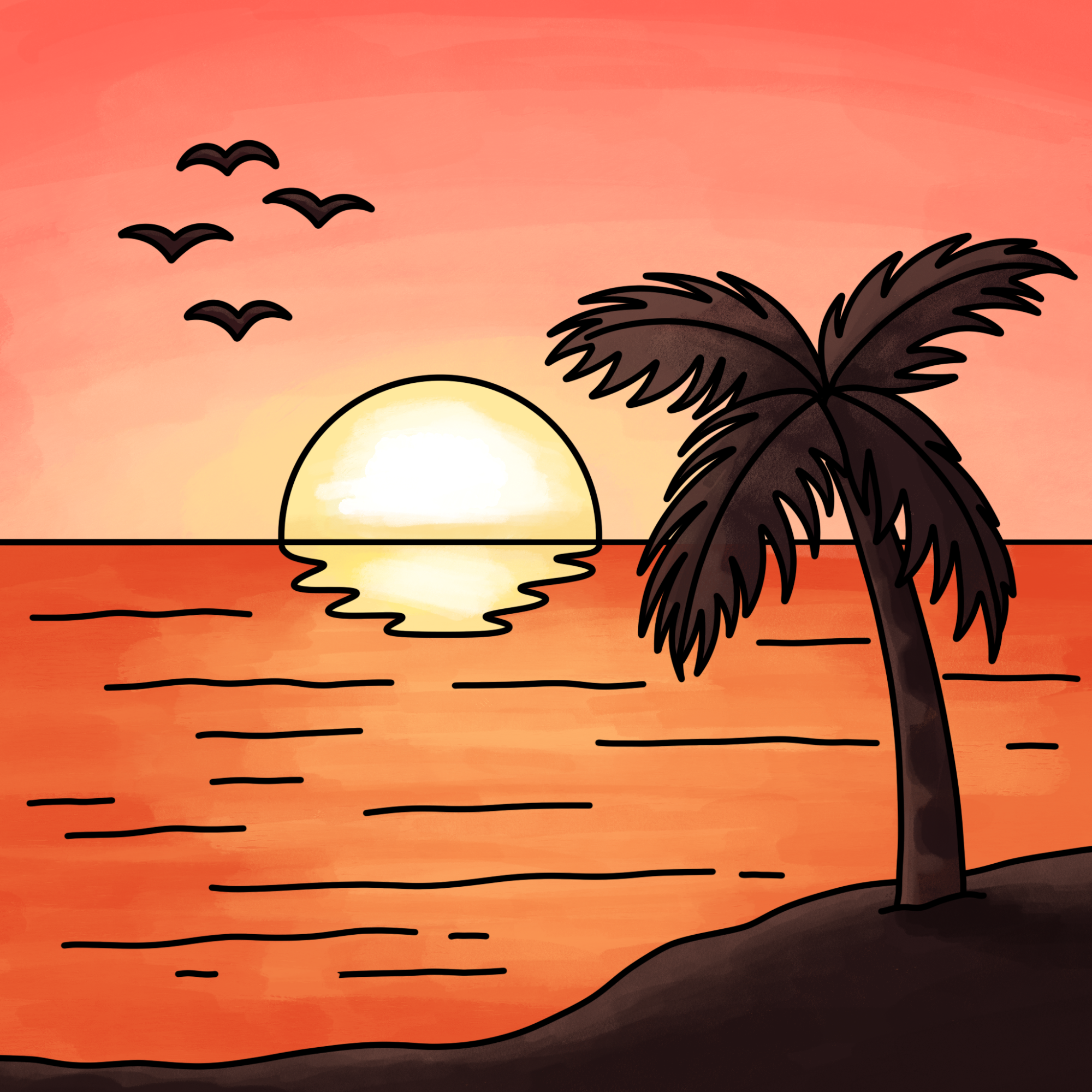 Beach Sunset Drawing (easy)